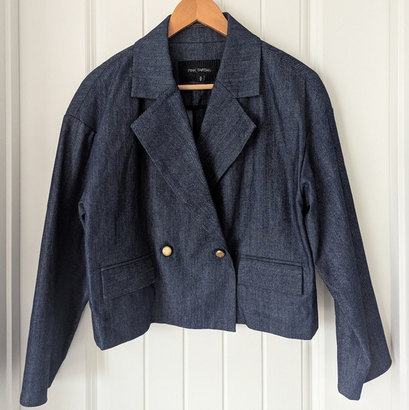 Pink Tartan Jackets & Blazers - Pink Tartan Cropped Denim Blazer with Gold Buttons Size Medium